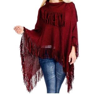 Ribbed Neck hemline stripe knit fringed poncho